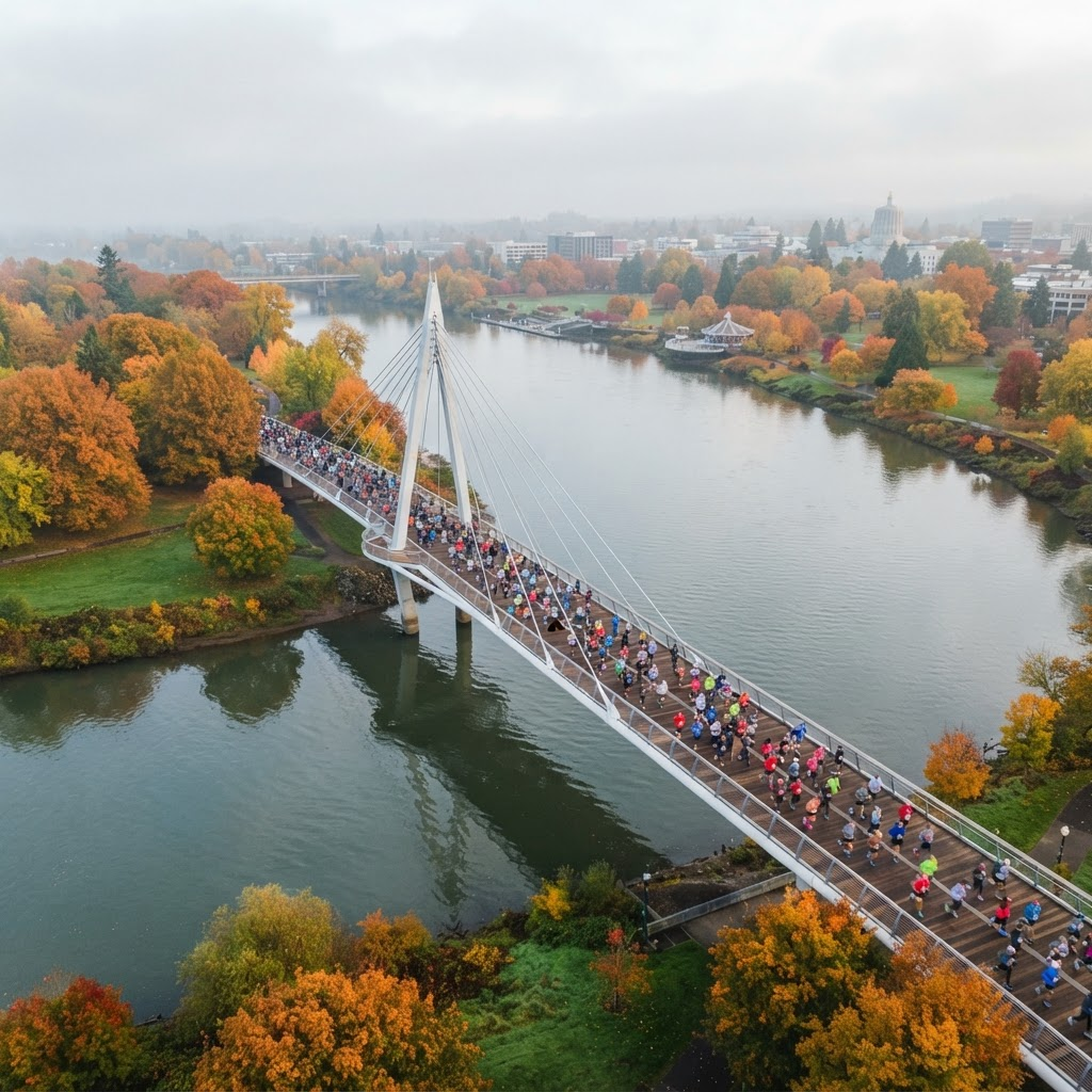 Runners crossing the Willamette River bridge on a Thanksgiving morning in Salem, Oregon