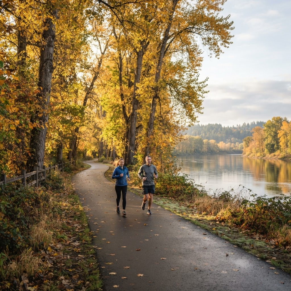 Trail through Minto Brown Island Park in fall, Salem Oregon